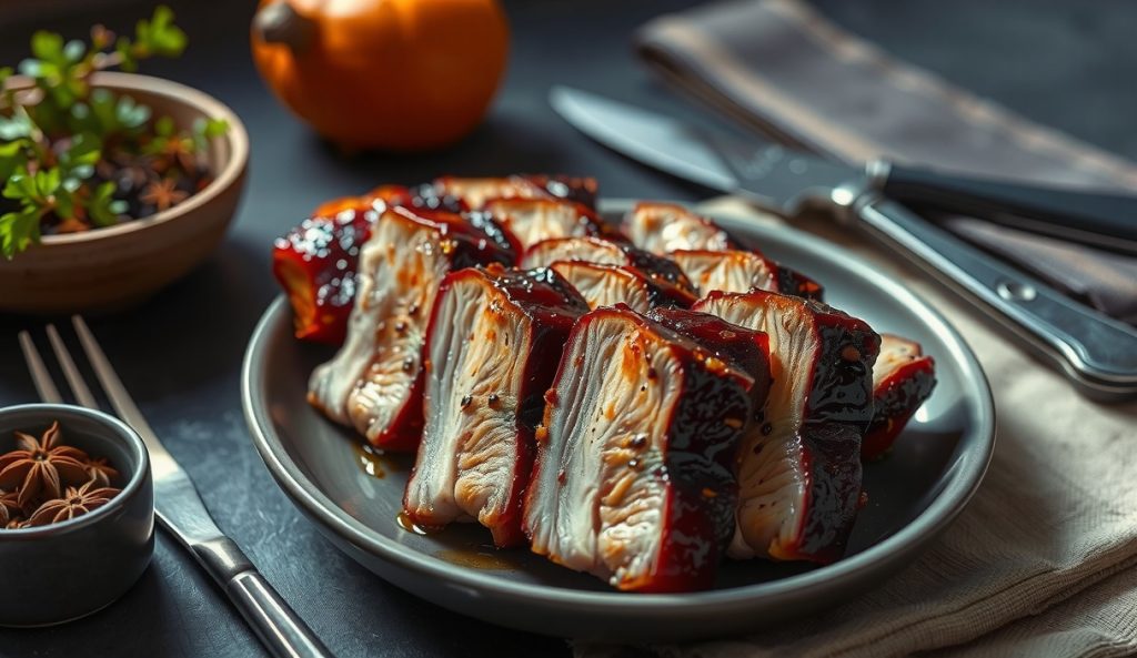 Smoked duck breast slices with a deeply lacquered honey-soy five-spice glaze finish on dark ceramic, with star anise visible in the glaze and a dish of five-spice blend alongside, showing the lacquer finish variant.