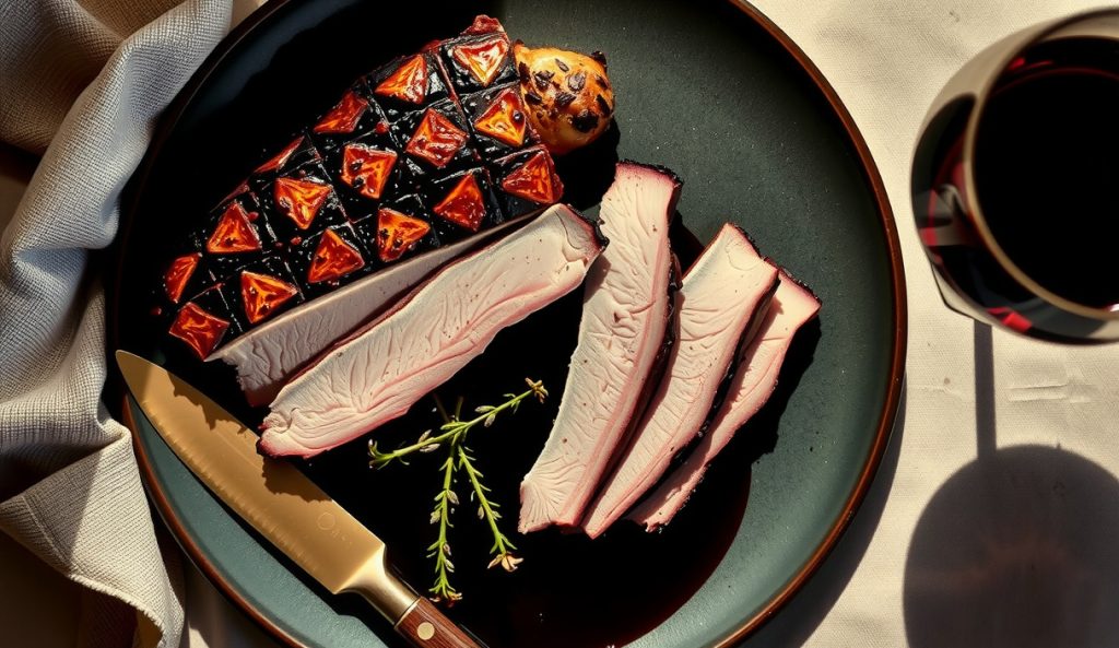 Sliced smoked duck breast with crispy cross-hatched skin on dark stoneware with a rich duck fat and thyme pan sauce, showing the no-glaze keto adaptation with medium-rare interior visible.