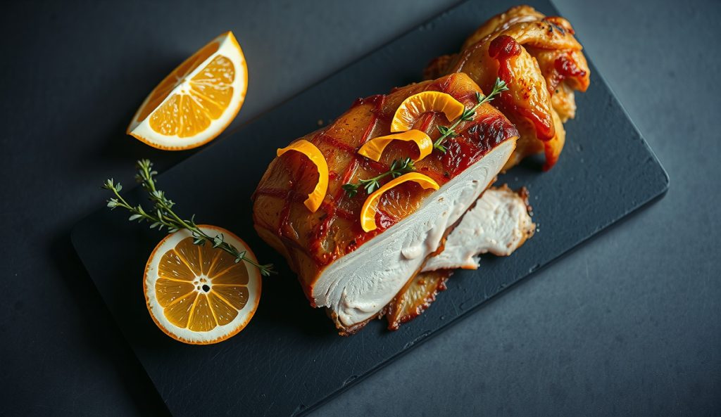 Smoked duck breast with crispy skin on dark slate with visible orange zest curls and fresh thyme in the fat layer, halved orange and thyme bundle alongside, showing the orange and thyme dry brine variant.