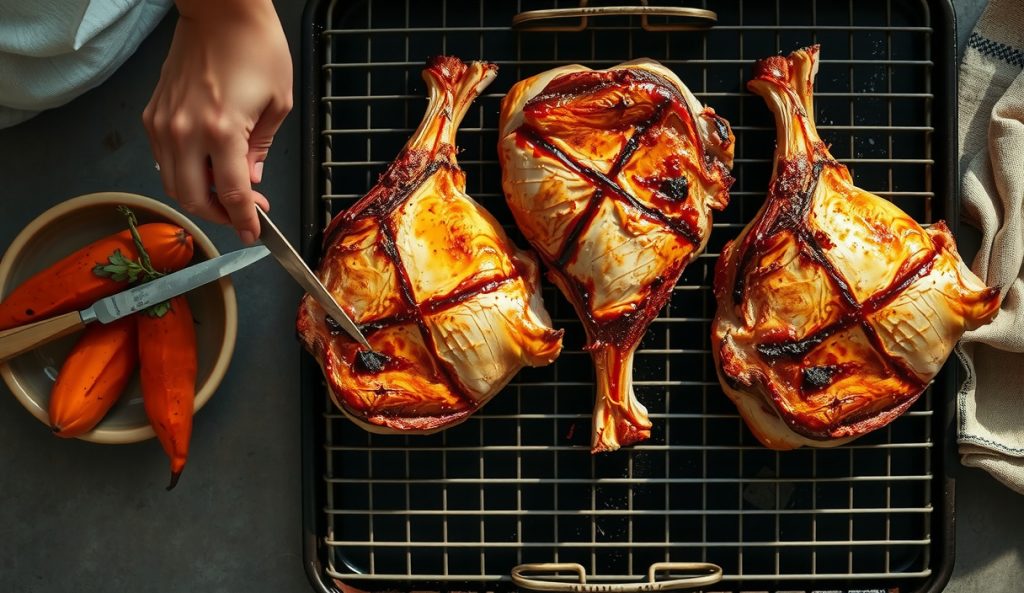 Four smoked duck breasts with crispy cross-hatched skin on a large sheet pan with wire rack from overhead, properly spaced to prevent steaming, showing the scaled-for-service technique.