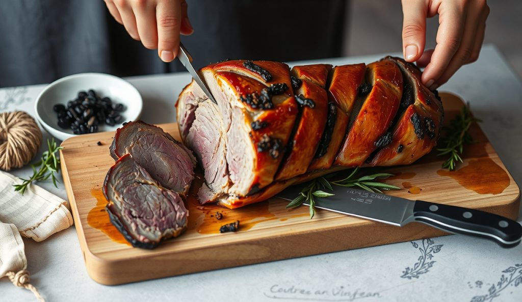 Butterflied boneless leg of lamb with garlic-rosemary bark, sliced cleanly without bone, showing even doneness on a weathered butcher block.