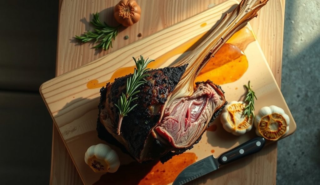 Smoked bone-in leg of lamb on a weathered butcher block, garlic-rosemary-Dijon bark exterior, cross-section showing rose-pink center and smoke ring, rendered fat glistening, fresh rosemary and roasted garlic alongside.