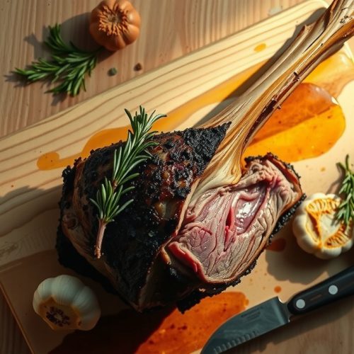 Smoked bone-in leg of lamb on a weathered butcher block, garlic-rosemary-Dijon bark exterior, cross-section showing rose-pink center and smoke ring, rendered fat glistening, fresh rosemary and roasted garlic alongside.