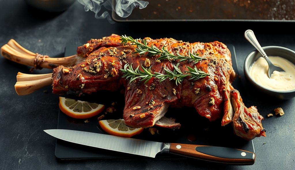 A full 7-to-8-pound bone-in smoked leg of lamb with doubled garlic-rosemary crust paste, large roast resting on dark slate with smoke drifting around it.