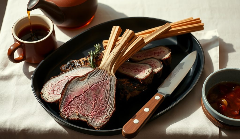 Medium-well smoked leg of lamb sliced to show no-pink interior, pan drippings served from a small pitcher, garlic-rosemary bark intact on a dark platter.