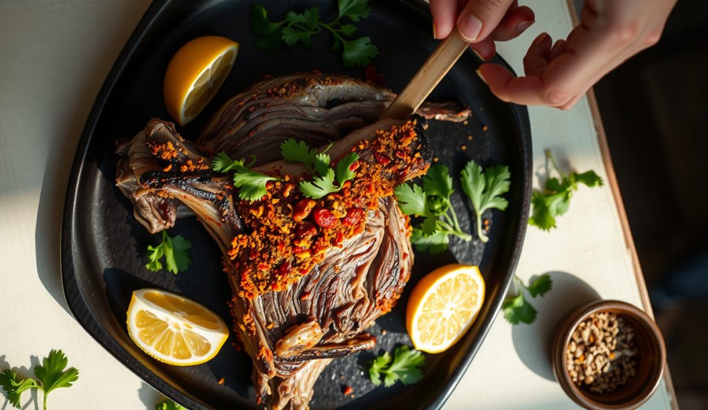 Smoked leg of lamb with a North African chermoula crust of cumin, coriander, and preserved lemon, ochre-toned bark on dark stoneware with cilantro garnish.