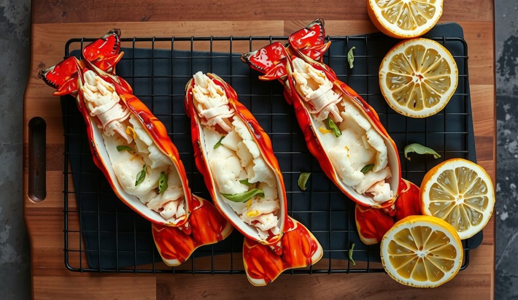 Butterflied smoked lobster tails with a Meyer lemon and fresh tarragon baste glistening in the shell cavities, charred lemon halves alongside on a dark slate surface.