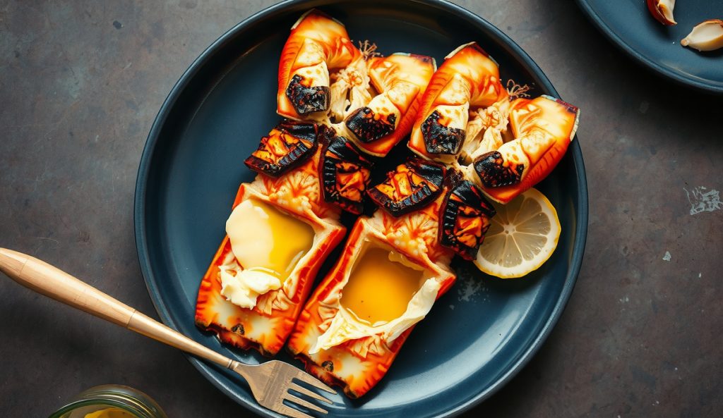 Two split smoked lobster tails on a dark stoneware plate, shells curled back exposing smoke-blushed white flesh pooled with noisette-butter paprika baste, alder smoke curl rising, brass basting brush and roasted garlic alongside.