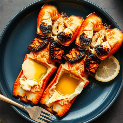 Two split smoked lobster tails on a dark stoneware plate, shells curled back exposing smoke-blushed white flesh pooled with noisette-butter paprika baste, alder smoke curl rising, brass basting brush and roasted garlic alongside.