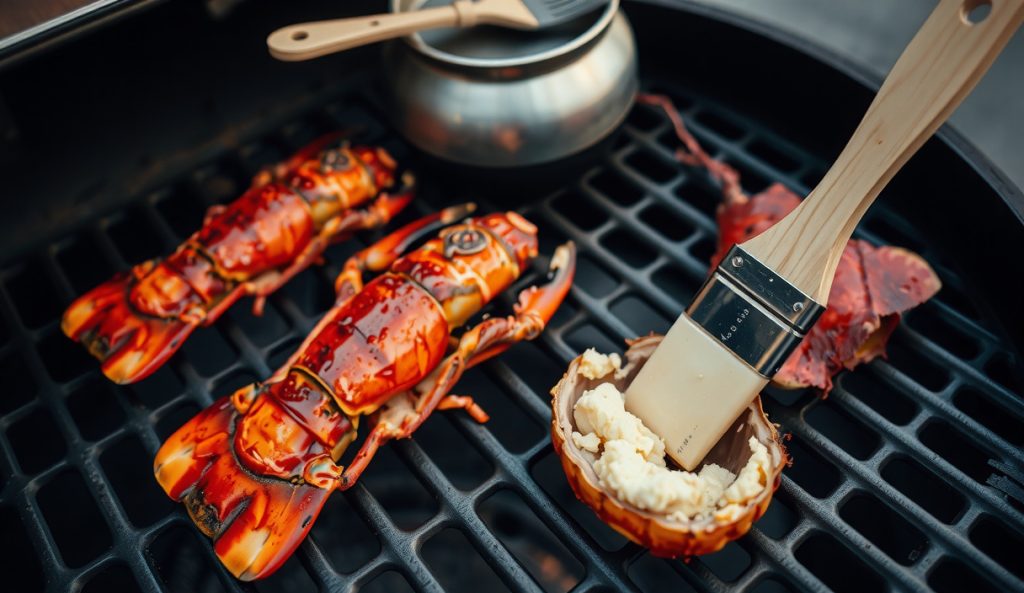 Smoked lobster tails on pellet grill grates during two-stage cook, butter-paprika baste glistening with smoke rolling at low temperature over vivid orange shells.
