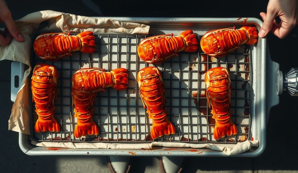 Six smoked lobster tails spaced two inches apart across smoker grates with doubled baste quantity, showing a scaled-up batch with even smoke circulation.