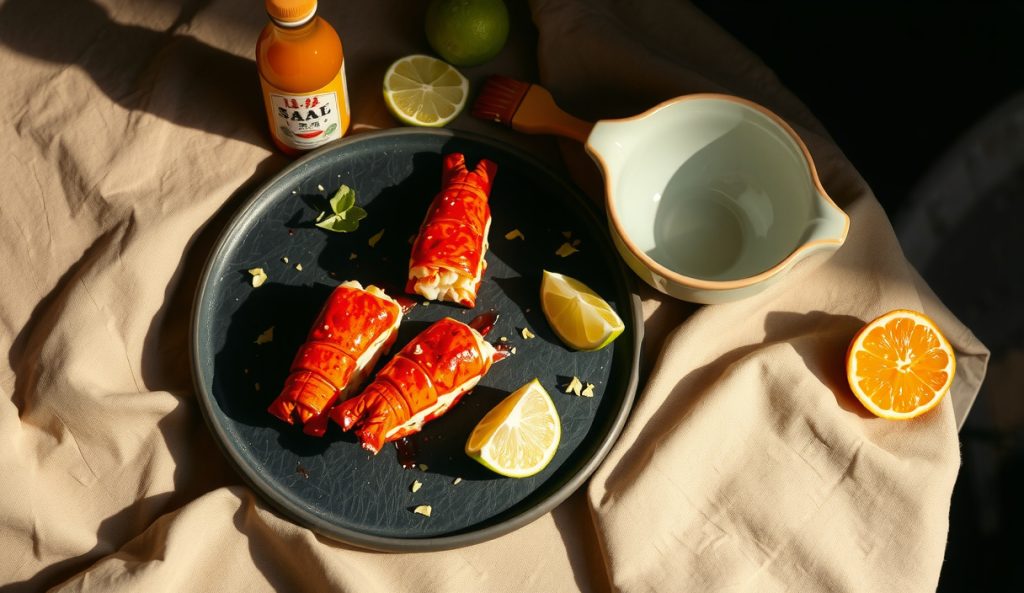 Smoked lobster tails basted in Thai chili-lime sambal glaze with visible chili flecks, lime zest, and fish sauce bottle on dark slate in moody light.