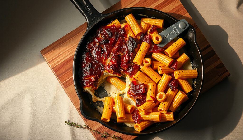 Overhead cast iron skillet of smoked mac and cheese with a deeply browned béchamel crust, steam rising from a corner where creamy three-cheese cavatappi is exposed on a weathered butcher block.