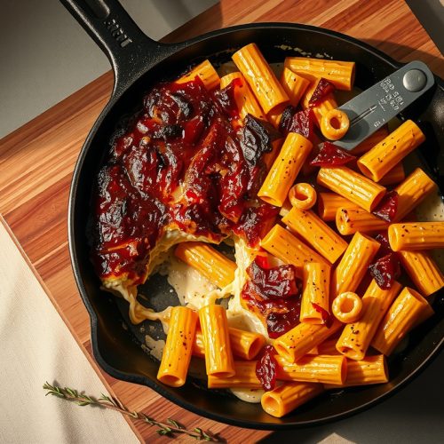 Overhead cast iron skillet of smoked mac and cheese with a deeply browned béchamel crust, steam rising from a corner where creamy three-cheese cavatappi is exposed on a weathered butcher block.