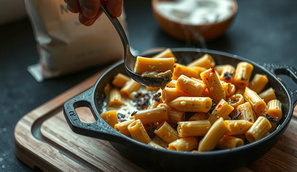 Gluten-free smoked mac and cheese made with chickpea pasta and rice flour béchamel in a cast iron skillet, showing the wheat-free adaptation with a golden smoky crust.