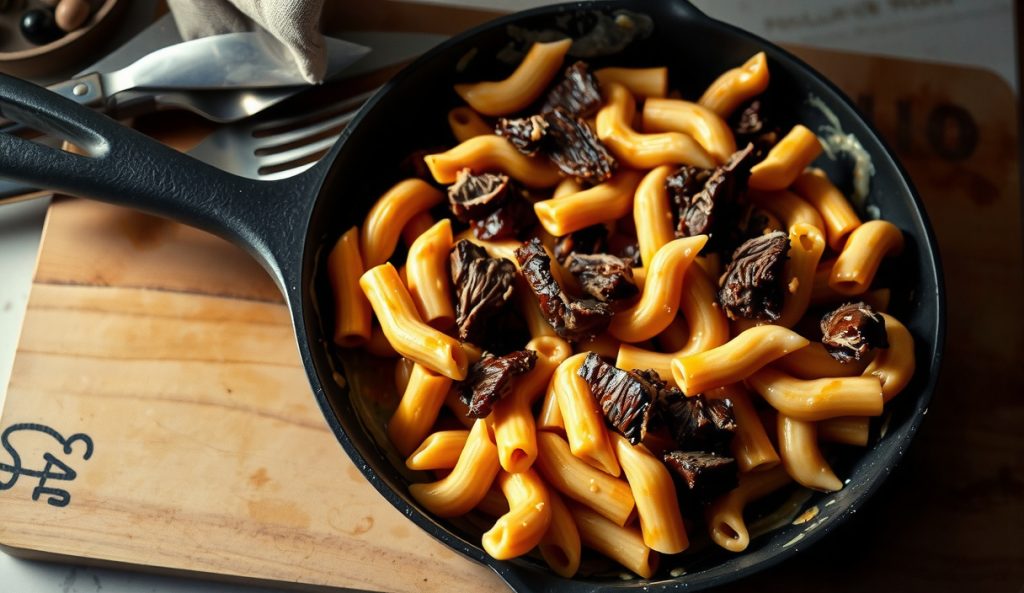 Meat-loaded smoked mac and cheese with chunks of pulled pork and brisket point folded into three-cheese béchamel in a cast iron skillet, showing the high-protein entrée variant.