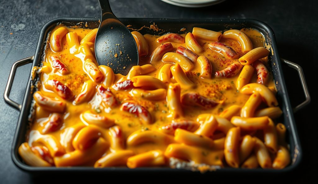 Crowd-scale smoked mac and cheese in a full hotel half-sheet pan showing golden caramelized top and a carved serving portion, representing the 20-24 guest scaled-up build.