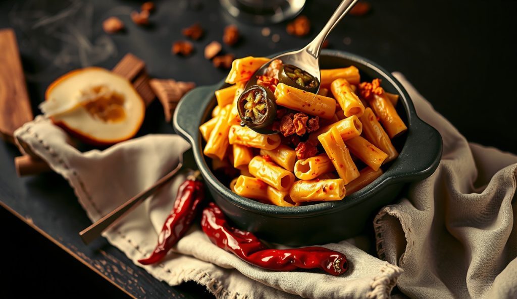 Spicy chipotle smoked mac and cheese with pickled jalapeños on top and deep rust-orange béchamel showing cayenne and smoked gouda heat-forward build in dark stoneware.