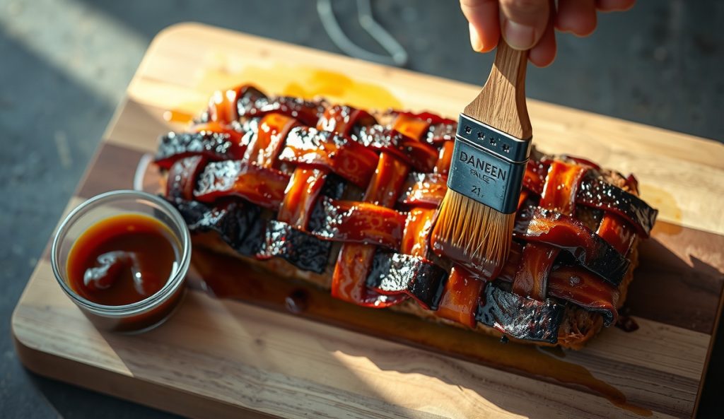 Bacon-weave smoked meatloaf with two-coat BBQ glaze finish, silicone brush applying second caramelized amber lacquer coat over rendered bacon, high-gloss sheen — BBQ glaze finish variant.
