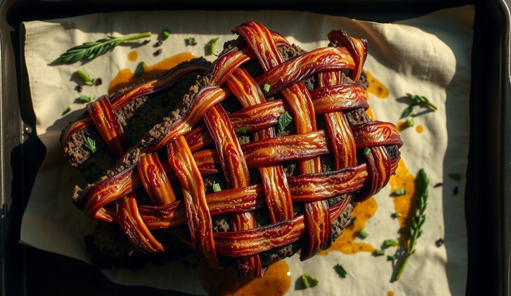 Smoked bacon-weave meatloaf on a charred sheet pan showing a rendered mahogany bacon lattice, a cross-section slice revealing a smoke ring and moist interior, with rendered fat pooling in the pan corners