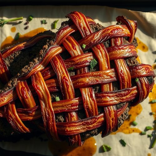 Smoked bacon-weave meatloaf on a charred sheet pan showing a rendered mahogany bacon lattice, a cross-section slice revealing a smoke ring and moist interior, with rendered fat pooling in the pan corners