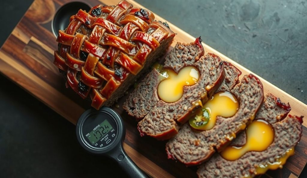Heat and cheese stuffed bacon-weave smoked meatloaf sliced open revealing molten pepper jack and pickled jalapeño core, cheese pulling from the cross-section — spicy stuffed substitution variant.