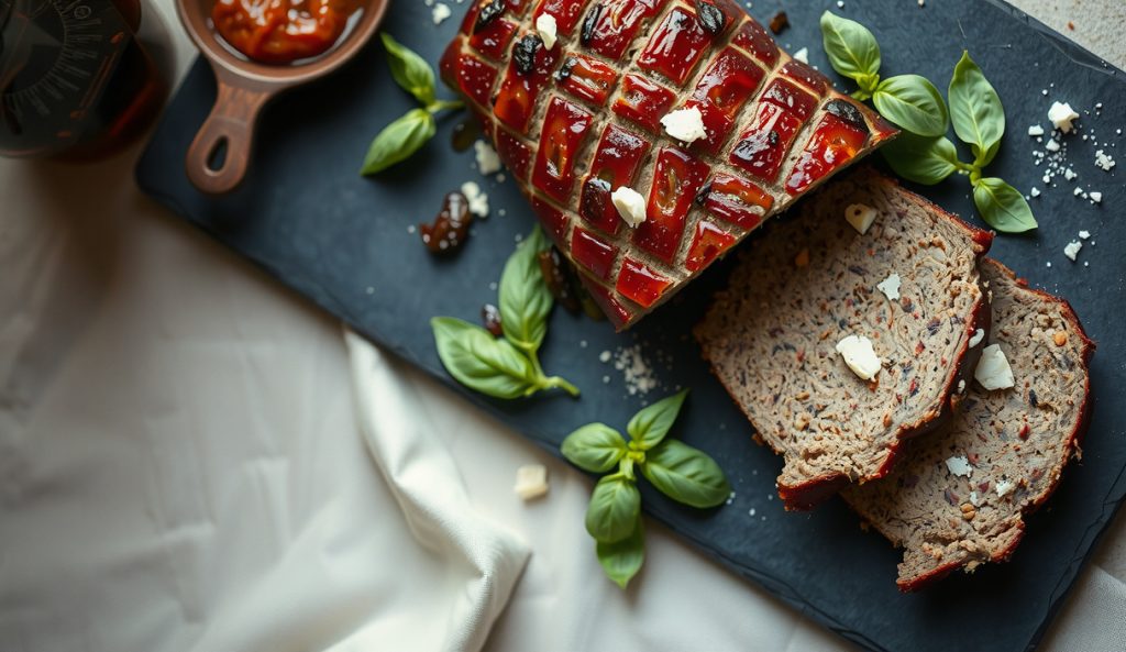 Italian-style bacon-weave smoked meatloaf sliced on dark slate, balsamic-tomato glaze, San Marzano paste and balsamic vinegar displayed, Pecorino Romano visible on cut face — Italian style variant.