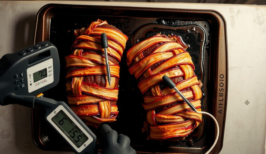 Two separate bacon-weave wrapped smoked meatloaves side by side on a charred sheet pan with dual probe thermometers, mahogany crusts, and rising steam — crowd-scale scaling-up variant.
