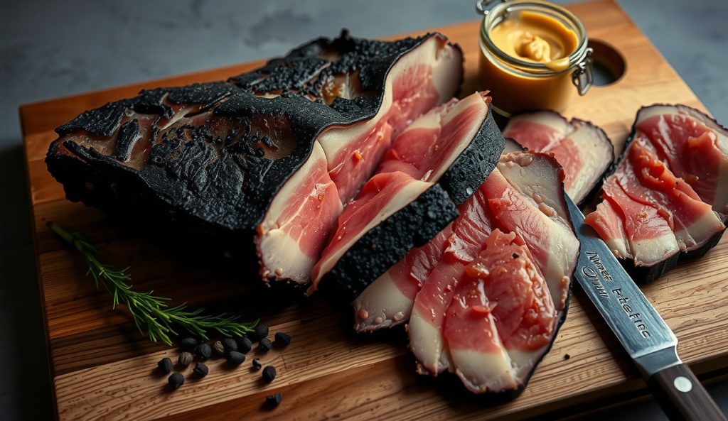 Sliced smoked pastrami brisket flat on a weathered butcher block, each slice showing black pepper-coriander bark, a pink cure ring, and rosy interior with steam rising and coriander seeds scattered on the board
