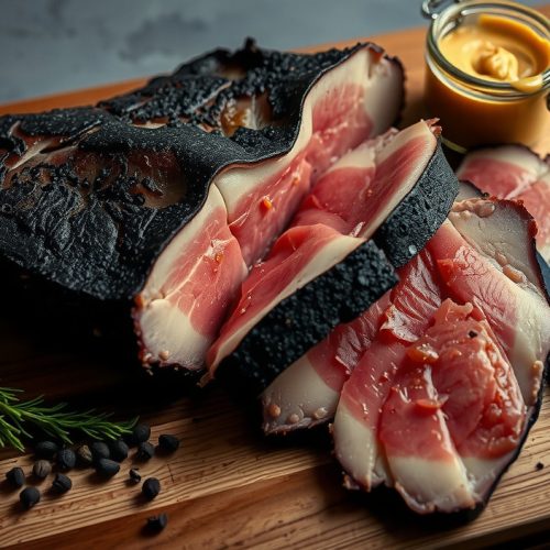 Sliced smoked pastrami brisket flat on a weathered butcher block, each slice showing black pepper-coriander bark, a pink cure ring, and rosy interior with steam rising and coriander seeds scattered on the board
