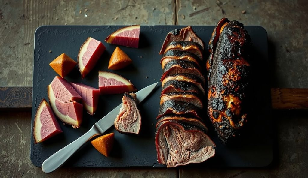 Point-cut brisket pastrami on dark slate with sliced and chopped sections showing heavy marbling and rendered fat, black pepper bark, irregular point geometry distinct from flat cut, steam rising.