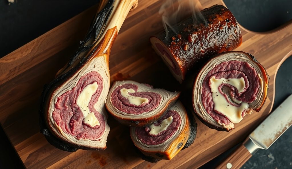 Short rib pastrami with bone protruding and chuck roll pastrami side by side on butcher block, both with black pepper coriander bark crust and cross-sections showing smoke rings and collagen-rich interior.