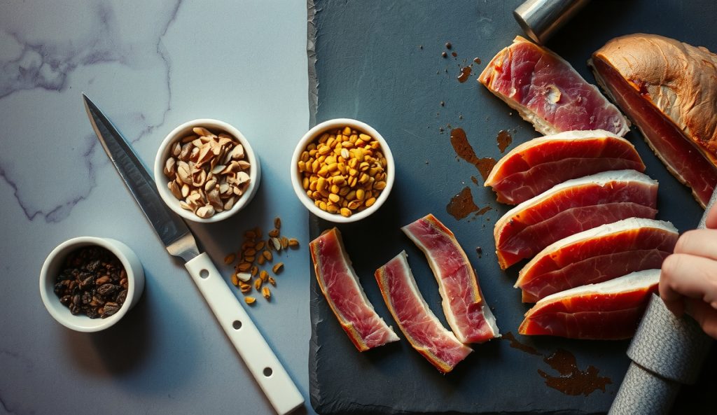 Three pastrami spice rub variants in ramekins beside sliced cured brisket, showing classic pepper-coriander, fennel pollen mustard seed, and chili-forward crusts with distinct bark colors and textures.
