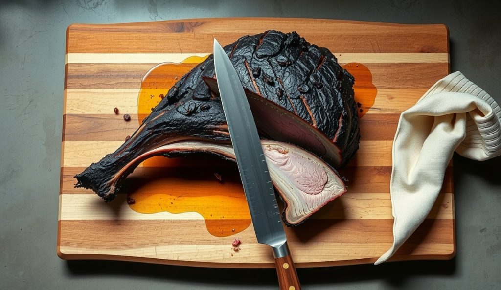 Whole packer brisket pastrami on large cutting board with full point and flat intact, thick black bark, long knife mid-slice through flat showing deep smoke ring and juice-beaded cross-section, full scale visible.