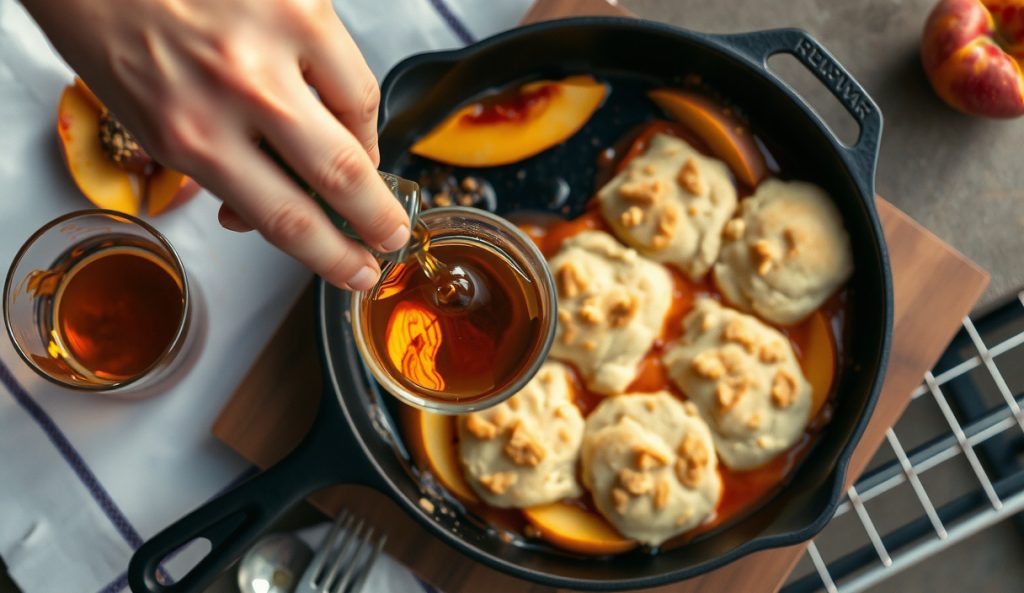 Bourbon-peach smoked cobbler in cast iron with a hand pouring bourbon into the caramelized filling, deep amber juices pooling under golden biscuit drops, rocks glass beside skillet.