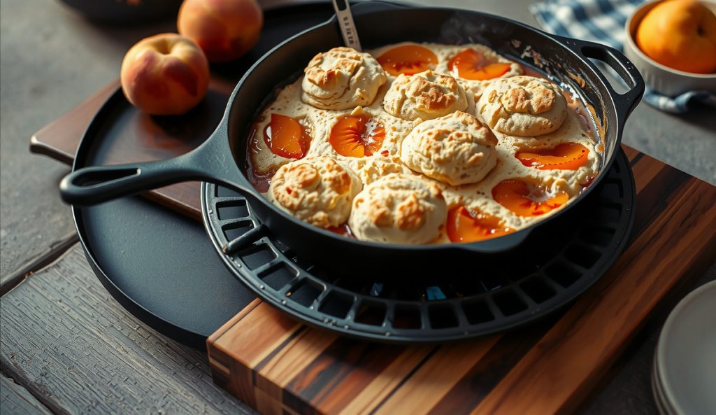 Crowd-scaled smoked peach cobbler in a 15-inch cast iron skillet, golden biscuit topping covering the wide surface, abundant bubbling filling at edges, thermometer in biscuit, smoke rising.