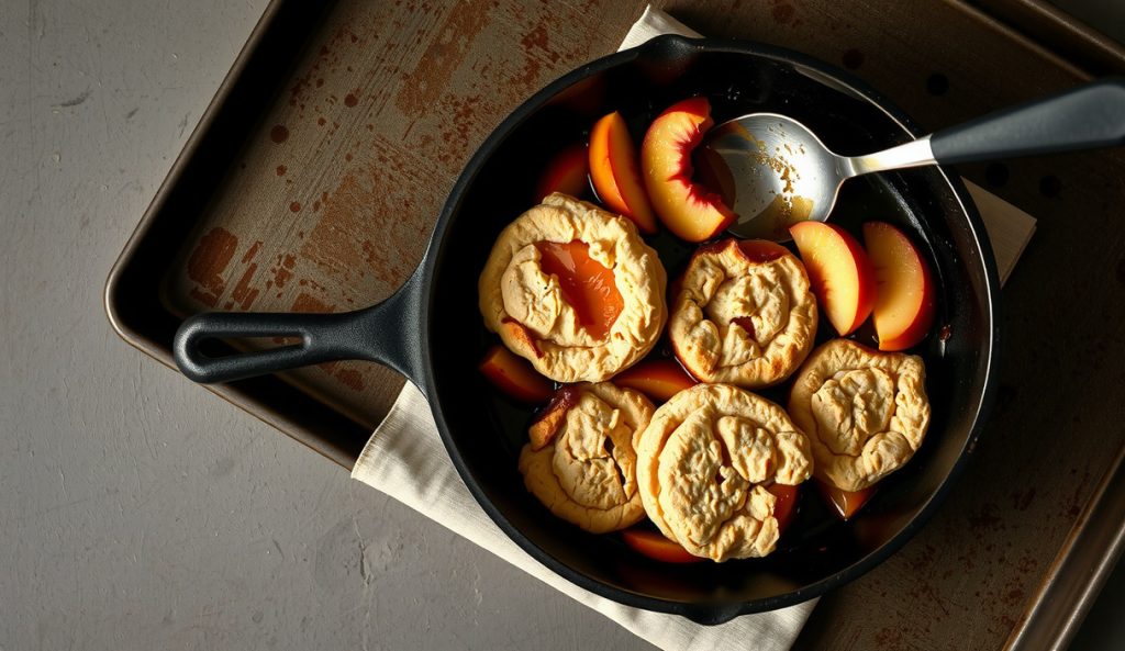 Three-quarter overhead cast iron skillet of smoked peach cobbler with a crackled golden drop-biscuit crust, jammy caramelized peach filling bubbling at the edges, and rising steam on a concrete surface.