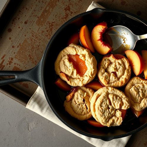 Three-quarter overhead cast iron skillet of smoked peach cobbler with a crackled golden drop-biscuit crust, jammy caramelized peach filling bubbling at the edges, and rising steam on a concrete surface.