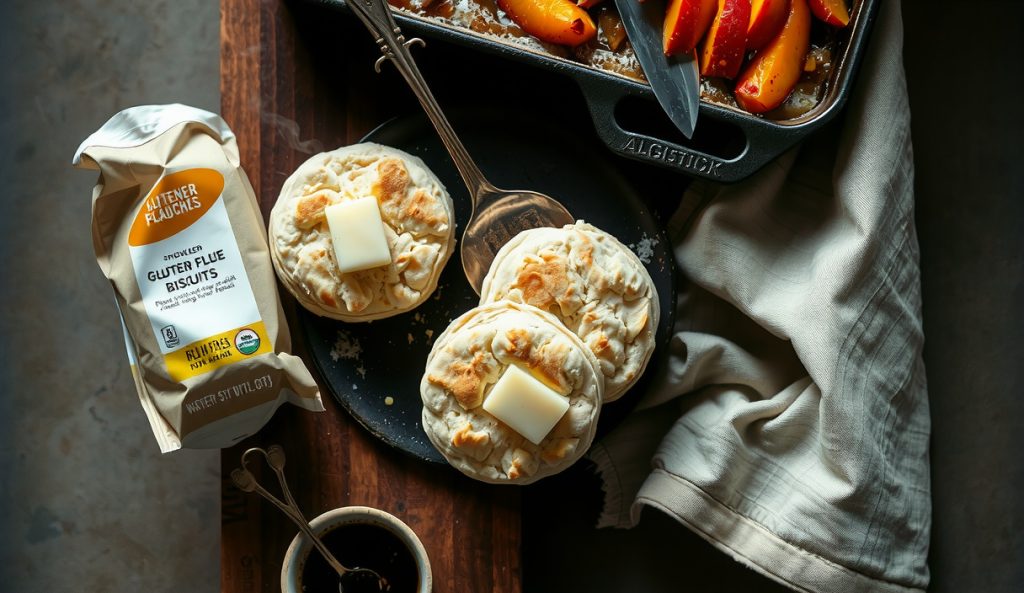 Gluten-free smoked peach cobbler in cast iron with rice-flour biscuit drops showing clean golden browning, a GF flour blend bag visible alongside, extra butter melting on biscuit tops.