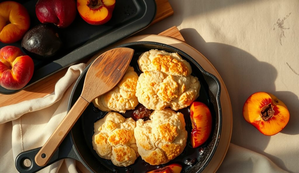 Smoked cobbler in cast iron with a nectarine and Italian prune plum swap, deep purple-burgundy filling visible beneath golden biscuit drops, whole plums and nectarines on the board alongside.