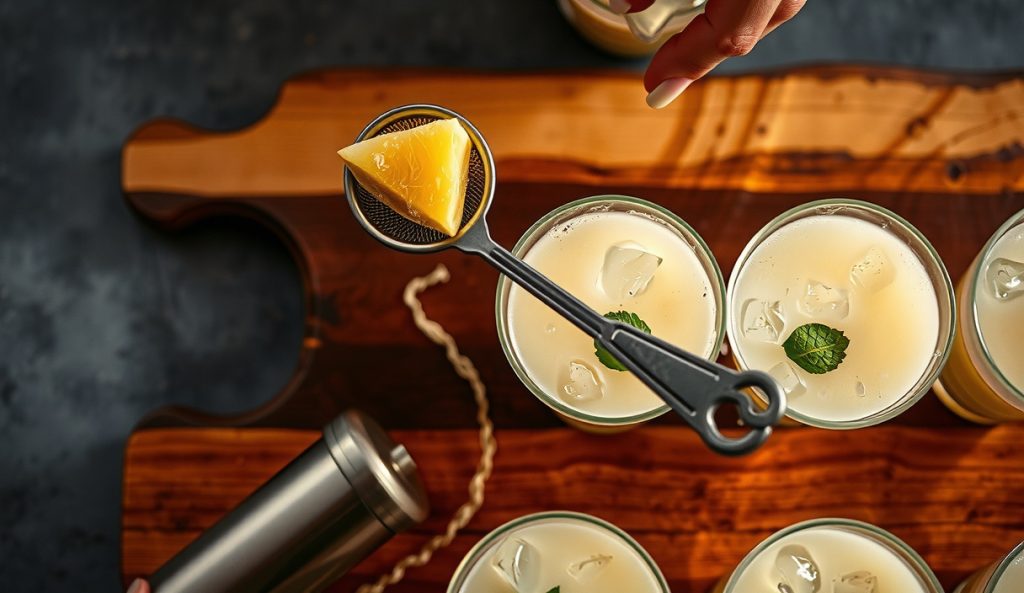 Six chilled coupe glasses of batch-service Smoked Pineapple Daiquiri lined up on butcher block, large shaker mid-pour through a fine-mesh strainer, batch container in background.