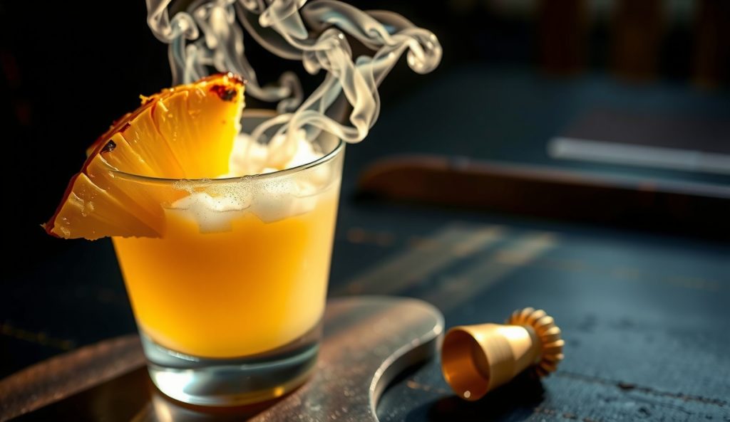 Backlit coupe of smoked pineapple daiquiri with pale gold liquid, fine froth, a charred pineapple wedge on the rim, and a gentle smoke curl rising from the glass on dark bar wood.