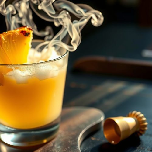 Backlit coupe of smoked pineapple daiquiri with pale gold liquid, fine froth, a charred pineapple wedge on the rim, and a gentle smoke curl rising from the glass on dark bar wood.