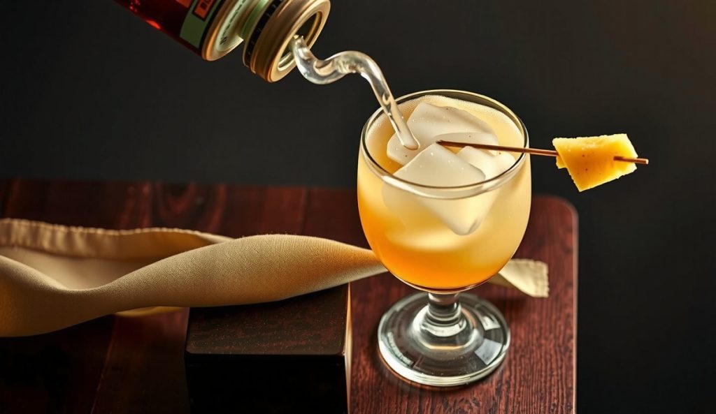 Mezcal-blend Smoked Pineapple Daiquiri in a coupe glass with amber tint, smoked pineapple garnish, orange bitters bottle and mezcal jigger pour visible on dark bar wood.