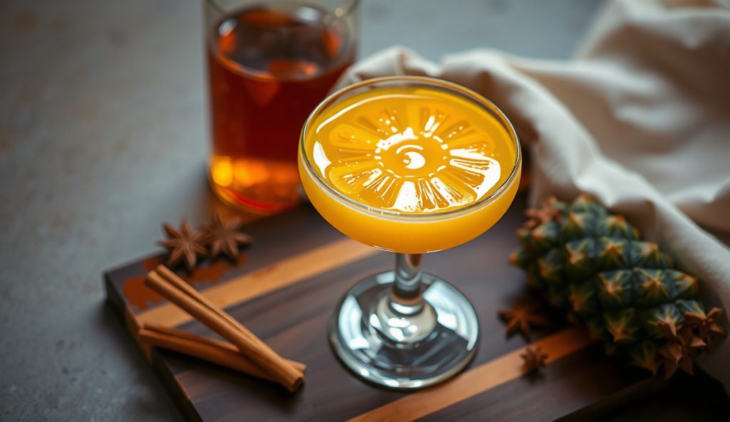 Spiced Rum Smoked Pineapple Daiquiri variant in a coupe with deeper caramel hue, cinnamon stick and allspice berries on the board, smoke-charred pineapple garnish, warm amber backlight.