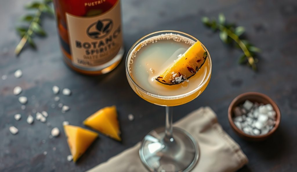 A virgin Smoked Pineapple Daiquiri in a coupe glass with flake sea salt rim, smoke-charred pineapple wedge garnish, botanical spirit bottle blurred behind, dark stoneware surface.