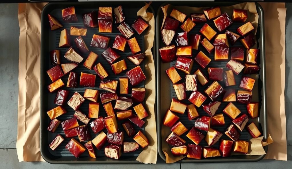 Two full pans of crowd-batch smoked pork belly burnt ends side by side on smoker grates, dozens of glazed caramel-lacquer cubes filling each pan, steam rising, showing the scaled-up party quantity.