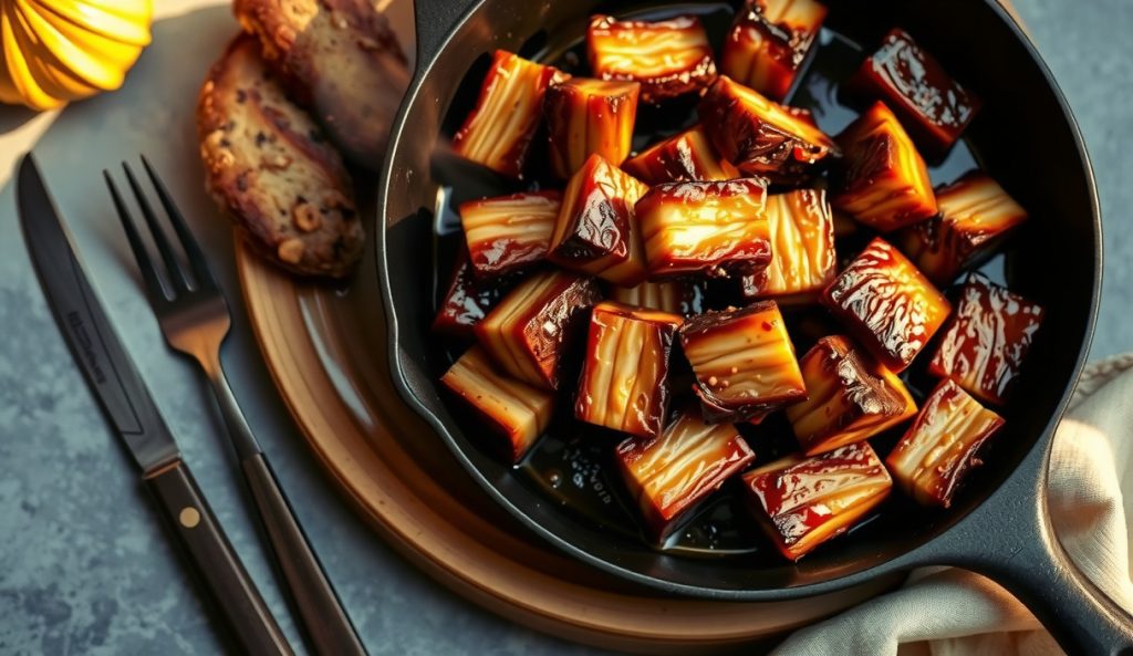 Pork belly burnt ends piled in a cast iron skillet, each cube showing charred bark corners under a glossy caramelized glaze with rendered fat glistening inside, sticky sauce pooling in the pan, steam rising