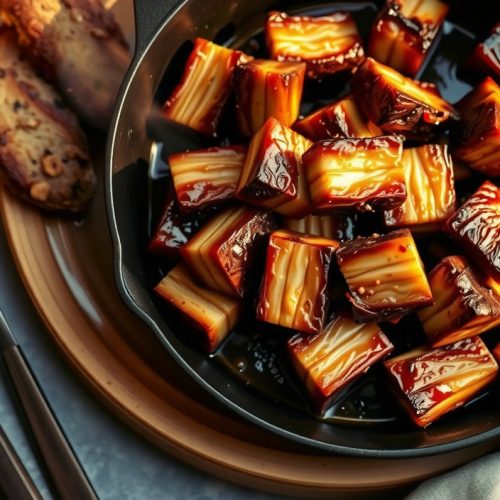 Pork belly burnt ends piled in a cast iron skillet, each cube showing charred bark corners under a glossy caramelized glaze with rendered fat glistening inside, sticky sauce pooling in the pan, steam rising