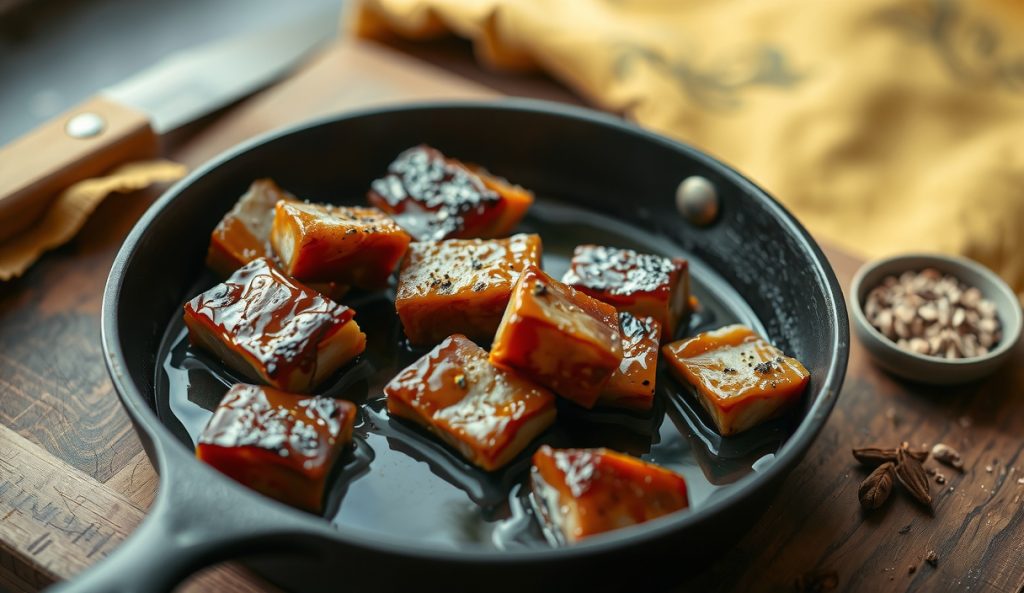 Gluten-free smoked pork belly burnt ends in cast iron skillet, lacquer-glossy caramelized bark with GF-verified sauce, steam rising, coarse pepper and garlic visible on crust, no wheat ingredients.